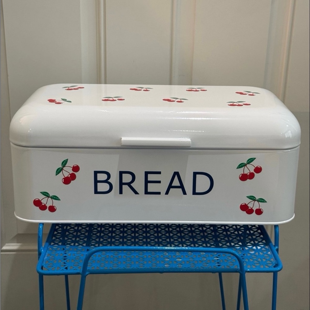 White Retro Bread Box with Cherry Design